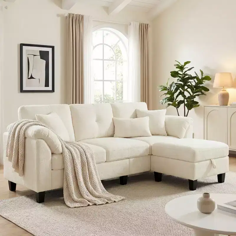 79 Inch Modern 3-Seater Sofa with Movable Ottoman & Storage, Flannel, Fir Wood Frame