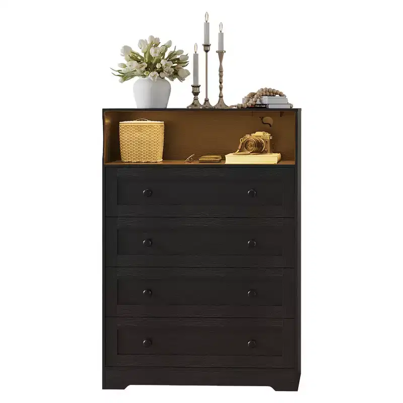 Wood 4-Drawer Dresser with LED Lights & Charging Station