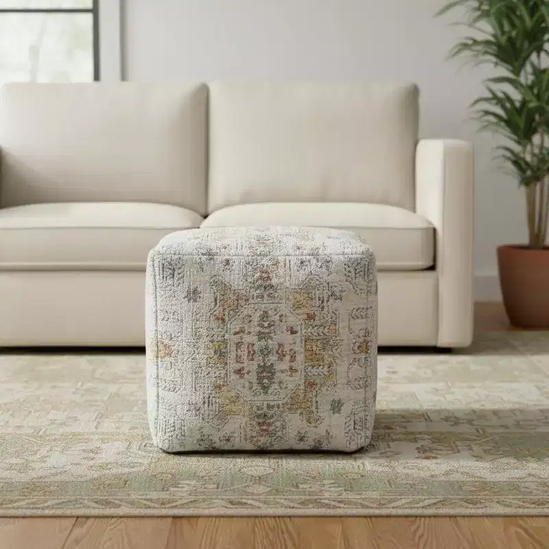 Ivory and Light Gray Upholstered Medallion Pouf Ottoman
