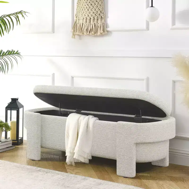 Linen Upholstered Storage Bench with Large Hidden Compartment, Comfortable Foam Cushion Seat for Bedroom, Living Room