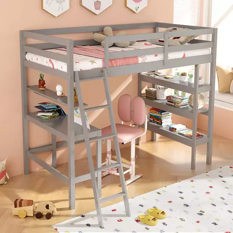 Twin Size Solid Wood Loft Bed w/ Desk & Bookshelves