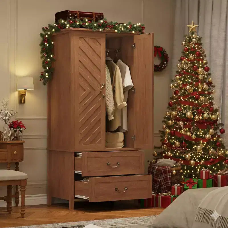 V Shape Armoire Wardrobe Closet with 2 Doors and 2 Drawers, 71.06 Farmhouse Wooden Tall Bedroom Storage Cabinet with Hanging Rod, Large Capacity