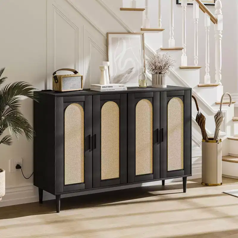 Garvee Rattan Sideboard Buffet Cabinet, 4 Doors Accent Storage Cabinet, Console Table Coffee Bar,Adjustable Shelves for Kitchen, Hallway, Living Room