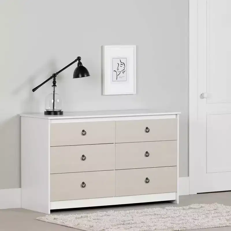 6 Drawer Double Dresser White/Beige