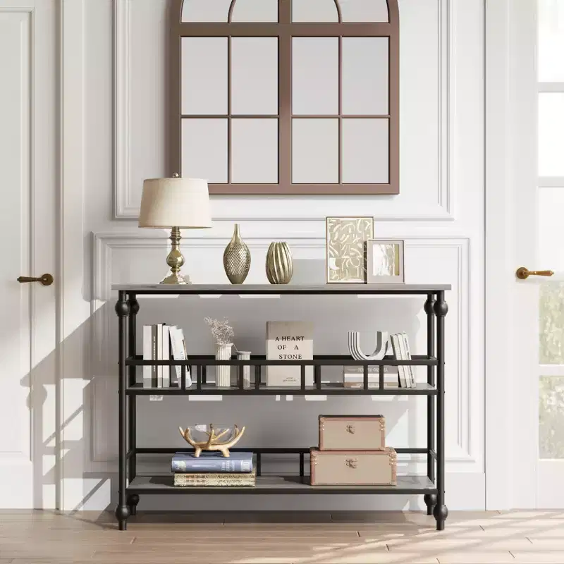 43 Classical Console Table with 3-Tier Shelves, Sofa Table with Architectural Support Design for Entryway, Living Room, Hallway, Gray/Retro Color
