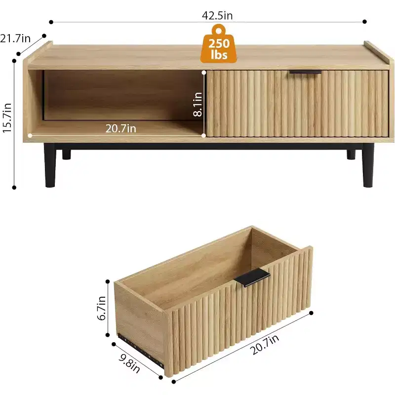 Fluted Coffee Table Light Wood Coffee Table 2 Tier Cocktail Table with Drawers