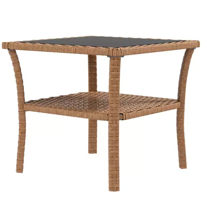 Rattan Side Table, Outdoor End Table with Storage Shelf, Aluminum Frame Square Table with Tempered Glass Top