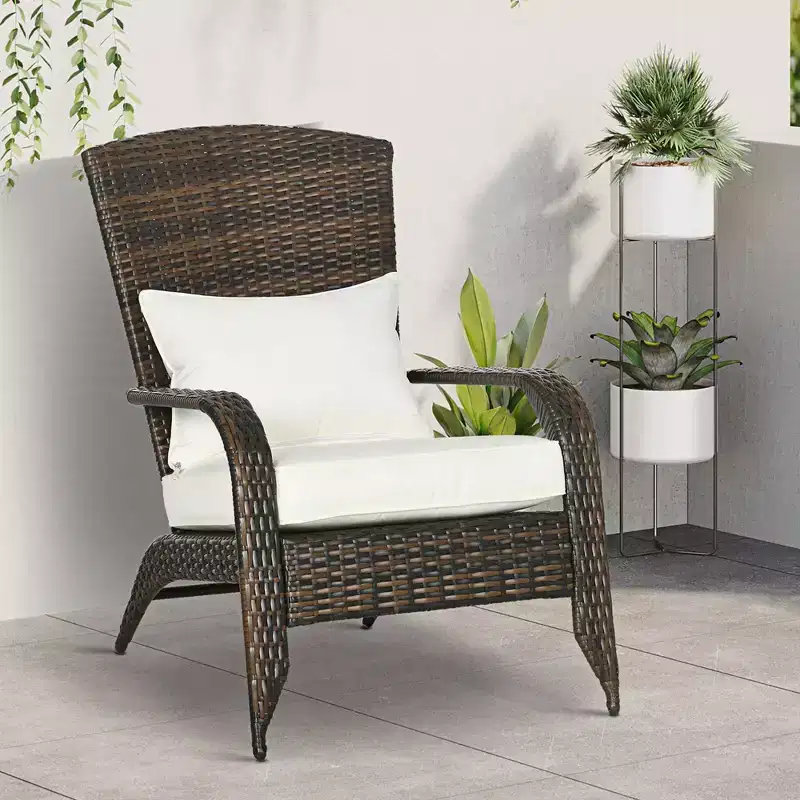 Outsunny Patio Adirondack Chair with All-Weather Rattan Wicker, Soft Cushions, Tall Curved Backrest for Deck or Garden, Cream White