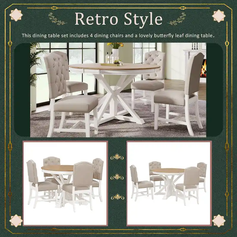 Functional Dining Table Set with Extendable Table and 4 Upholstered Chairs