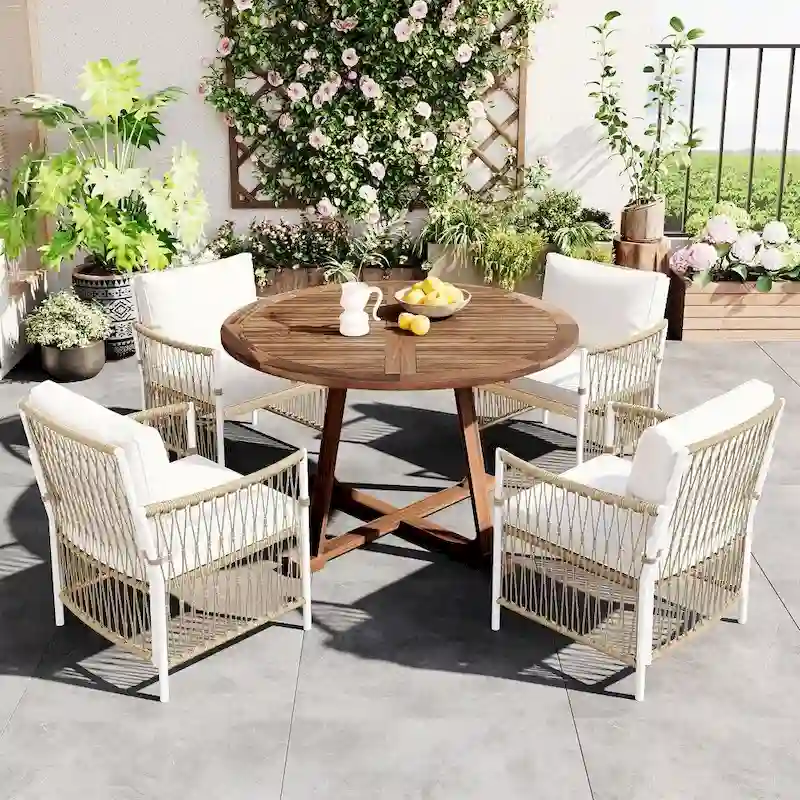 Patio 5-piece Wooden Dining Set with 12 inch Butterfly Leaf Foldable Round Table
