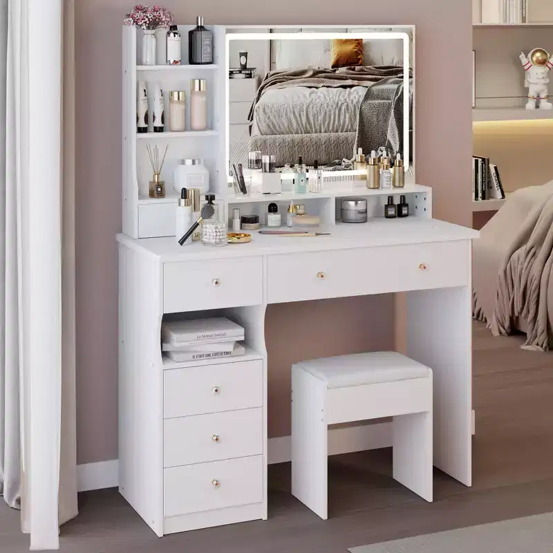 Okak Vanity Table with Drawers and Lights,41 Left-Side Vanity Desk with Cushioned Stool & Extra-Large Touch Sliding LED Mirror,White