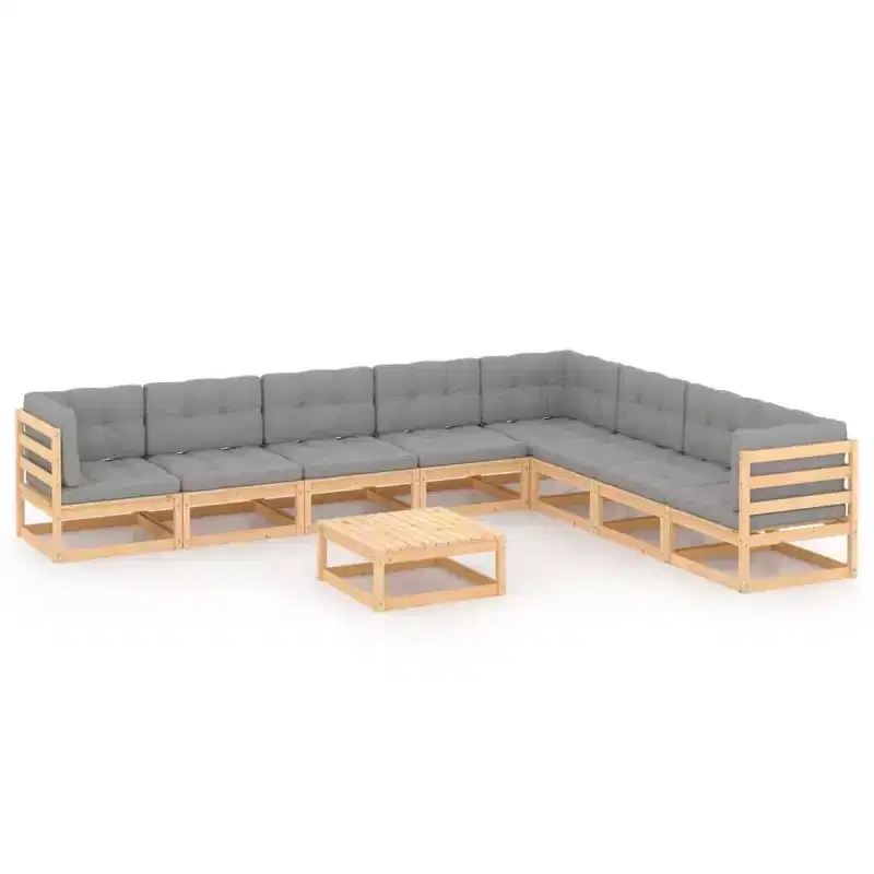 vidaXL 9 Piece Patio Lounge Set with Cushions Solid Wood Pine - Natural With Cushions