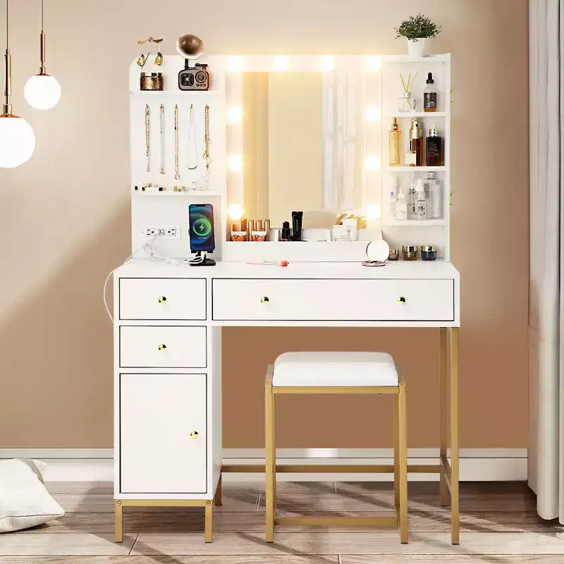 Vanity Desk with Mirror, Adjustable Lighted Mirror, Storage Drawers, Jewelry Hooks, 3 Lighting Modes, for Bedroom, Dressing Room