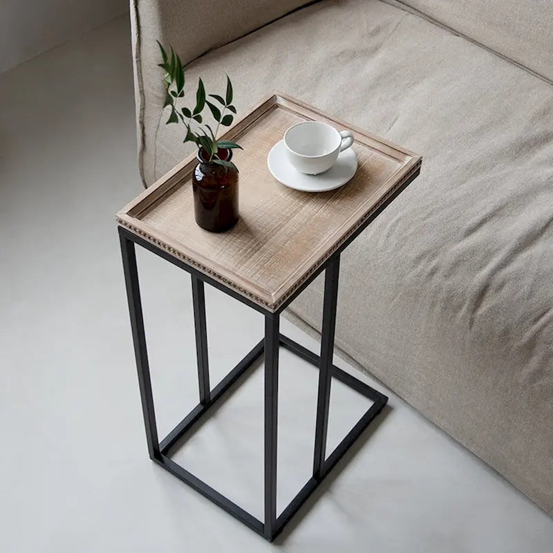 COZAYH Farmhouse C Table End Table, Distressed Beaded Edge Tray Top Side Table