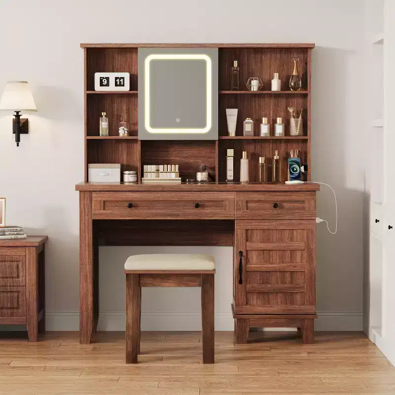Makeup Vanity Desk,Makeup Vanity with Mirror and Lights & Power Outlet, Makeup Table with 2 Drawers, Cushioned Stool, Dressing Table with Glass Top