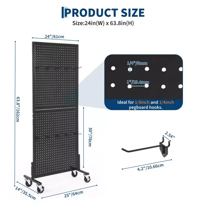 2'5' Standing Pegboard Display Rack with 10 Hooks, Heavy-Duty Metal Floor Peg Board with T-Base for Retail, Craft Shows, Tool Shops