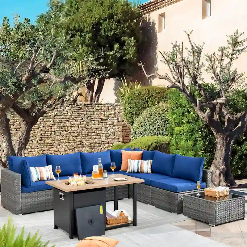 HOOOWOOO 8-piece Wicker Outdoor Patio Furniture Sofa Set Fire Pit Set