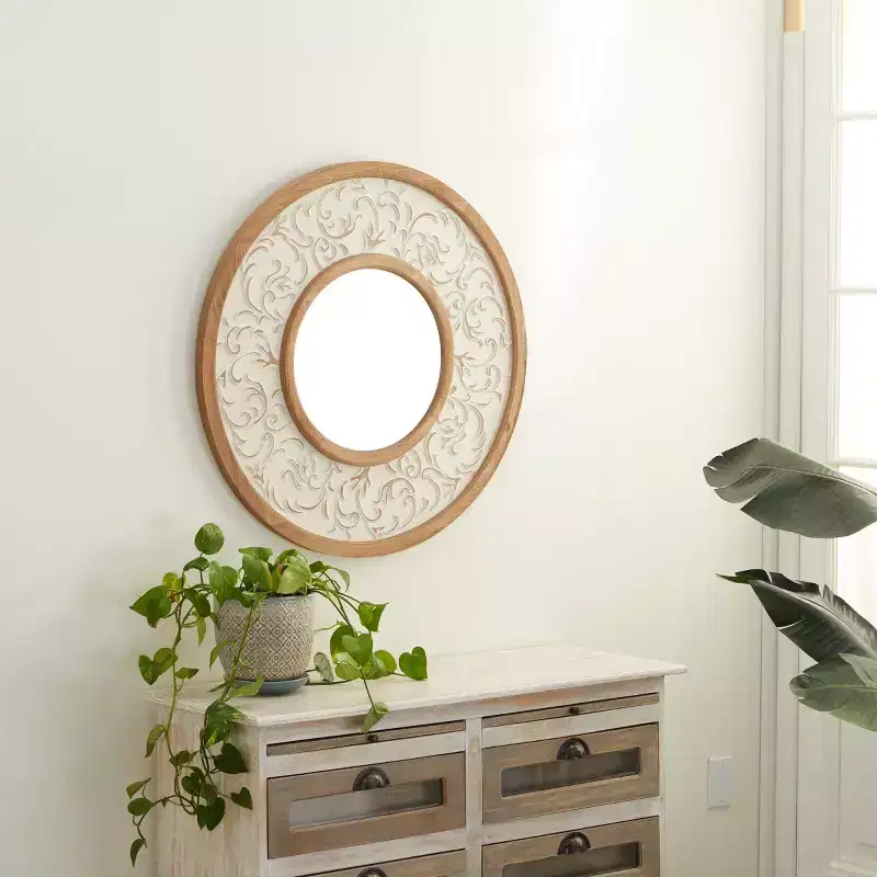 Wood Floral Wall Mirror with Embossed Metal White - Olivia & May: Farmhouse Style, No Assembly, MDF Frame, 31.5 Round