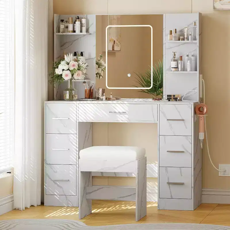 Vanity Desk, Makeup Vanity with Mirror and Chair, Hair Dryer Rack, 3 Lighting Modes Brightness