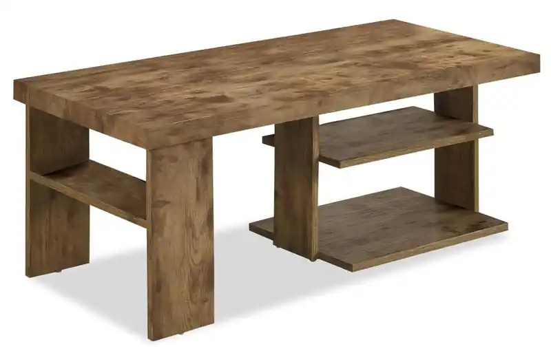43.3 Rustic Coffee Table with Shelf - Light Pine Finish Wood