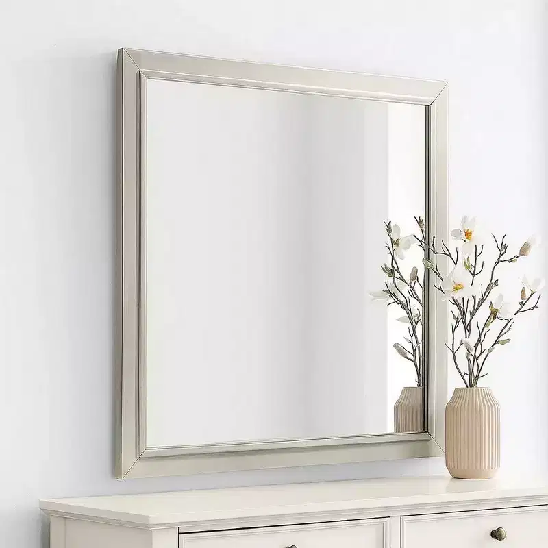 Antique White Square Dresser Mirror, Rubberwood Frame, 40 Inch