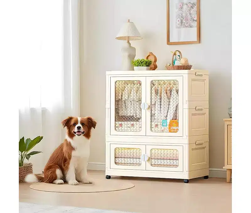 Stackable Storage Dog Closet with Lid for Living Room Collapsible Storage Bins with Wheels 2 Tier Wardrobe Closet with Transparent Doors