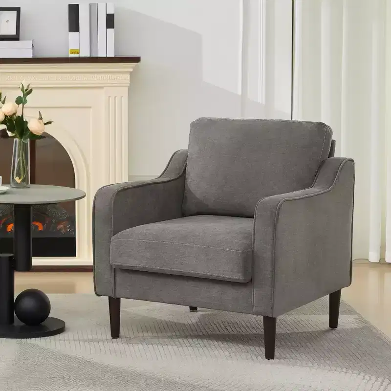 Modern Comfy Accent Chair, Linen Fabric Upholstered Armchair,Reading Side Chair, Single Sofa with Back Pillow and Wood Legs for Living Room, Beige