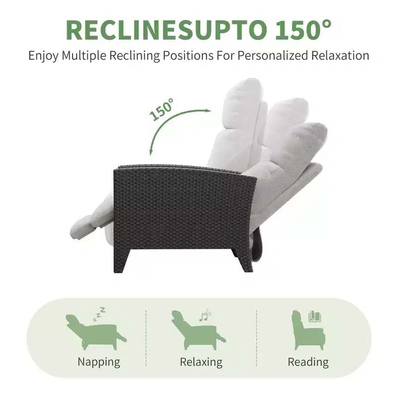 Wicker Recliner Chair with Adjustable Back & Footrest,150 Lay Flat Rattan Reclining Patio Chair with Extendable Side Table & Air Pump