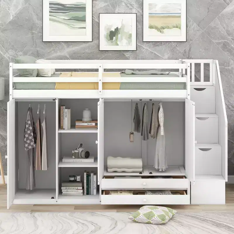 GDFStudio Duke Loft Bed with 3 Shelves, 2 Wardrobes and 2 Drawers, Ladder with Storage