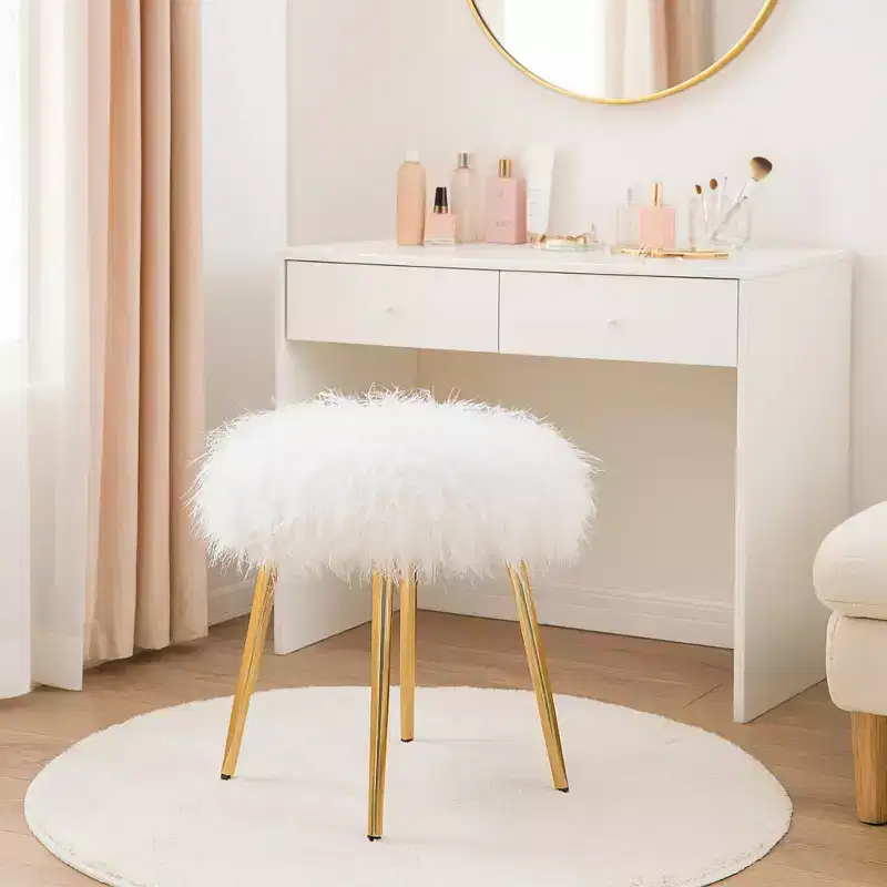 Homy Casa Glam Vanity Stool with Faux Fur Seat & Gold Metal Legs, White