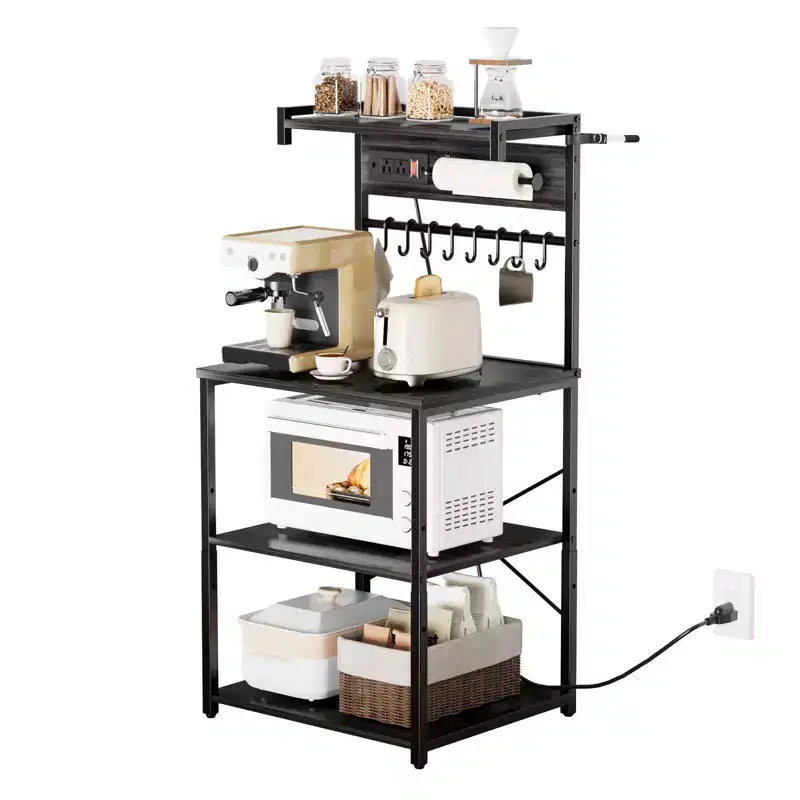 Kitchen Bakers Rack, 4.6ft Power Cable Bakers Rack with Power Outlet, Kitchen Stand with X-Shaped Support Bar, 8 S-Shaped Hooks