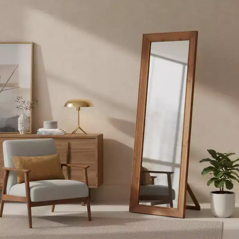 HomeRoots 65 Brown Solid Wood Framed Full Length Mirror With Stand