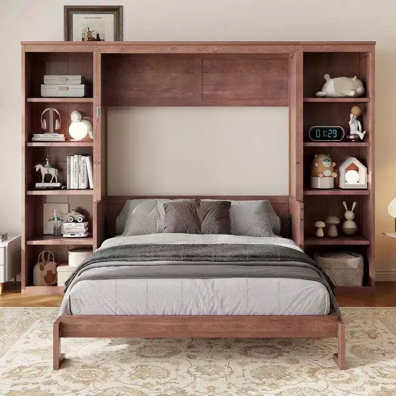Whisen Full Size Murphy Bed & Bed Frame with Desk and Bookshelf, Space-saving Design