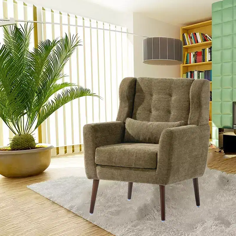 Modern Accent Chair, Upholstered High Reading Chair with Fabric and Wood Legs, Avocado Armchair for Living Room Bedroom