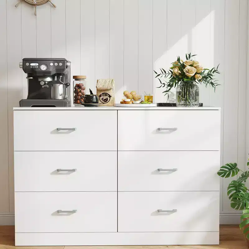 6 Drawer Dresser for Bedroom Modern Chest of Drawers with Metal Handles MDF Storage White