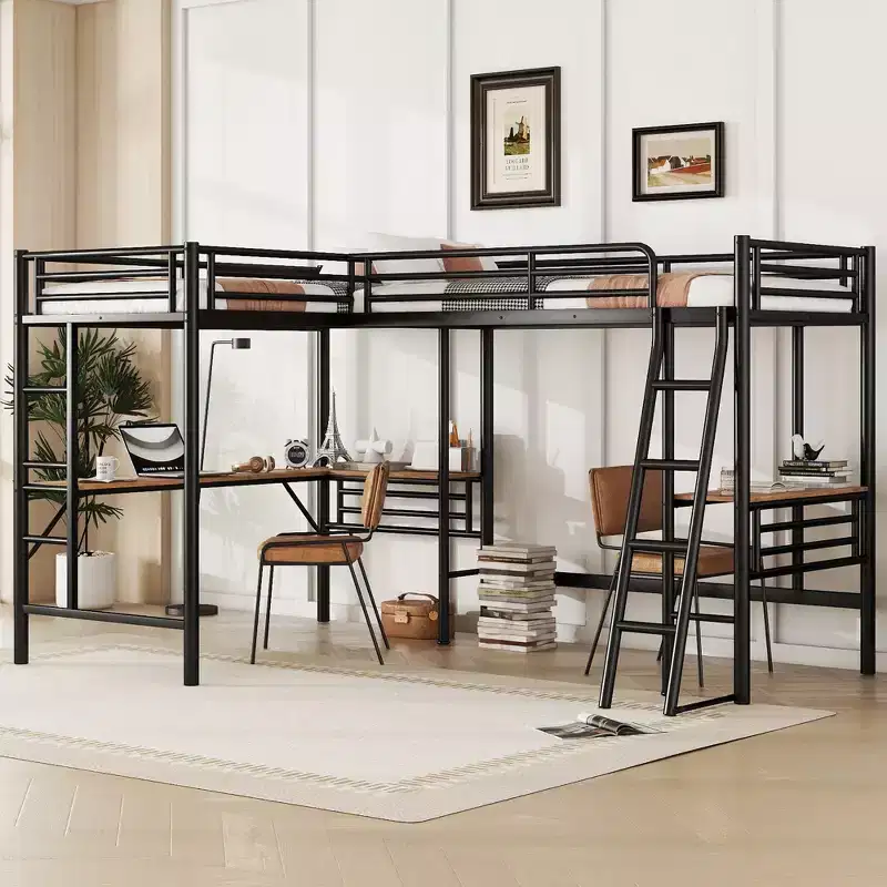 Whisen 117.9''L x 77.9''W x 68.1''H Twin Size Metal Loft Bed with 2 Built-in Desks and 2 Ladders - Black