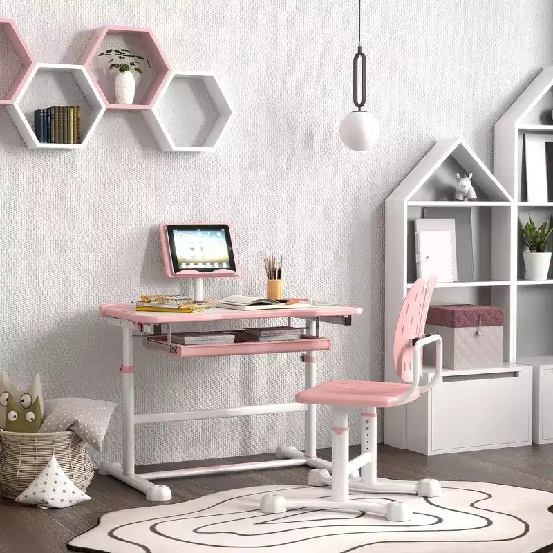 Whisen Kids Ergonomic Desk and Chair Set, Adjustable Height Study Table with Tilting Top, Drawer - Pink