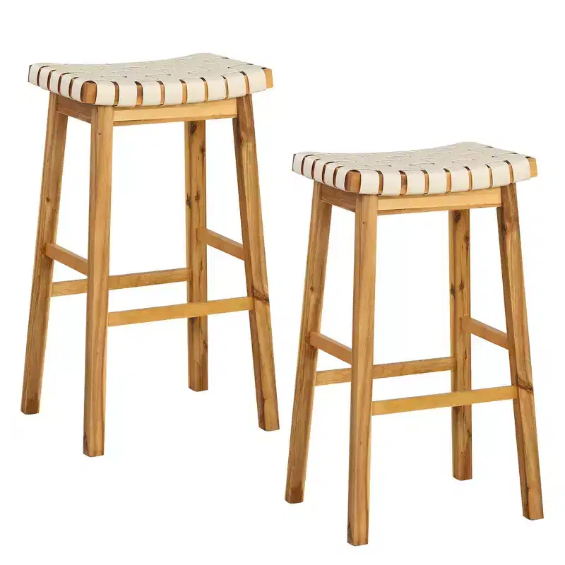 Costway Woven Saddle Stools Set of 2 31'' Faux PU Leather Bar Height Kitchen Stool Black/Beige