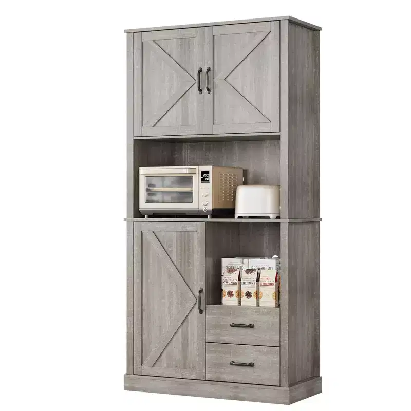 Kitchen Pantry Cabinet with Microwave Stand & Drawers - Tall Hutch Bar Cabinet, Adjustable Shelves, Large Wood Storage for Dining Room, Living Room