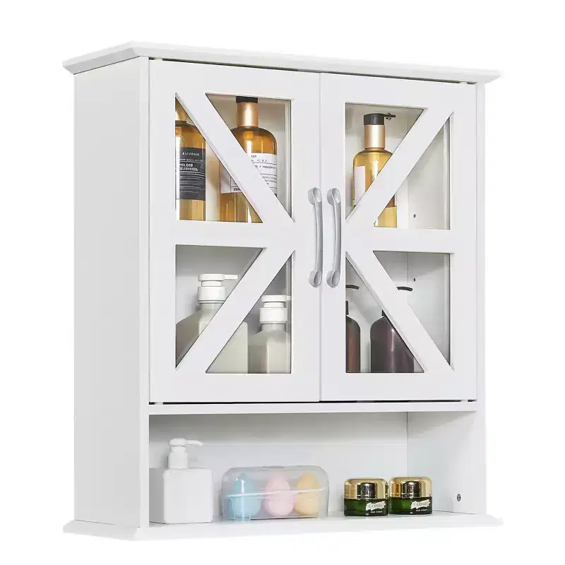 VECELO Wall-Mounted Bathroom Cabinet with X-Frame Glass Doors, Dual Storage Medicine Cabinet with Open Shelf for Bathroom/Kitchen, White