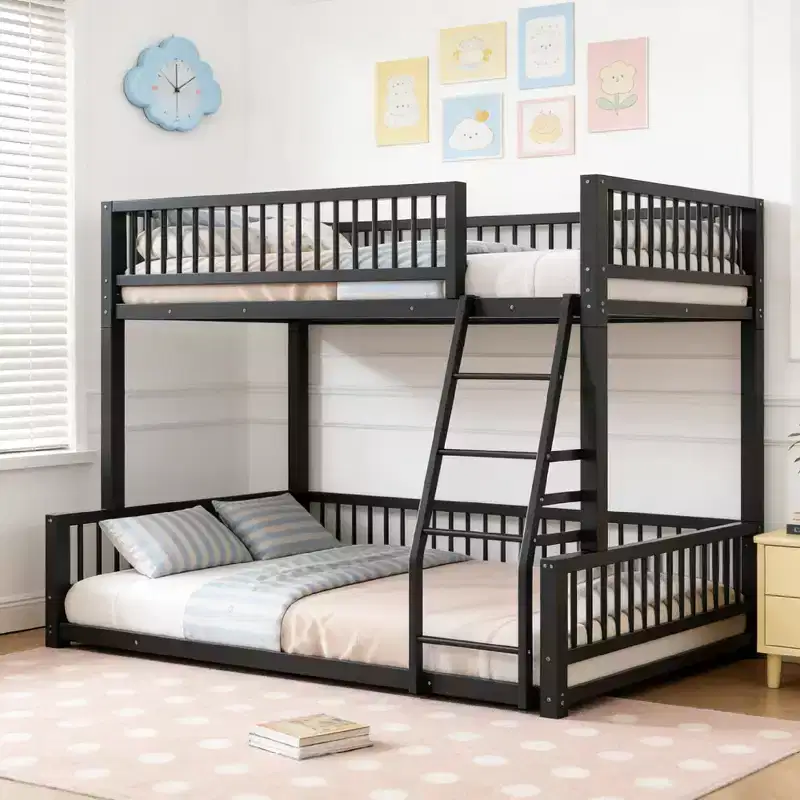 Metal Floor Bunk Bed Frame with Guardrails, Detachable into 2 beds
