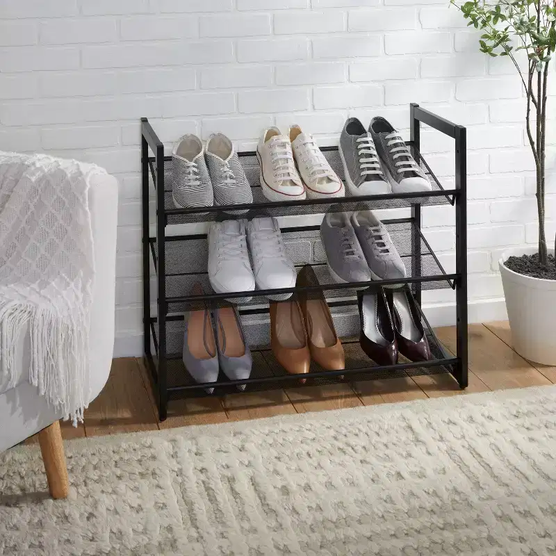 3-Tier Shoe Rack Organizer with Mesh, Black Iron Frame, Holds 12 Pairs, 29