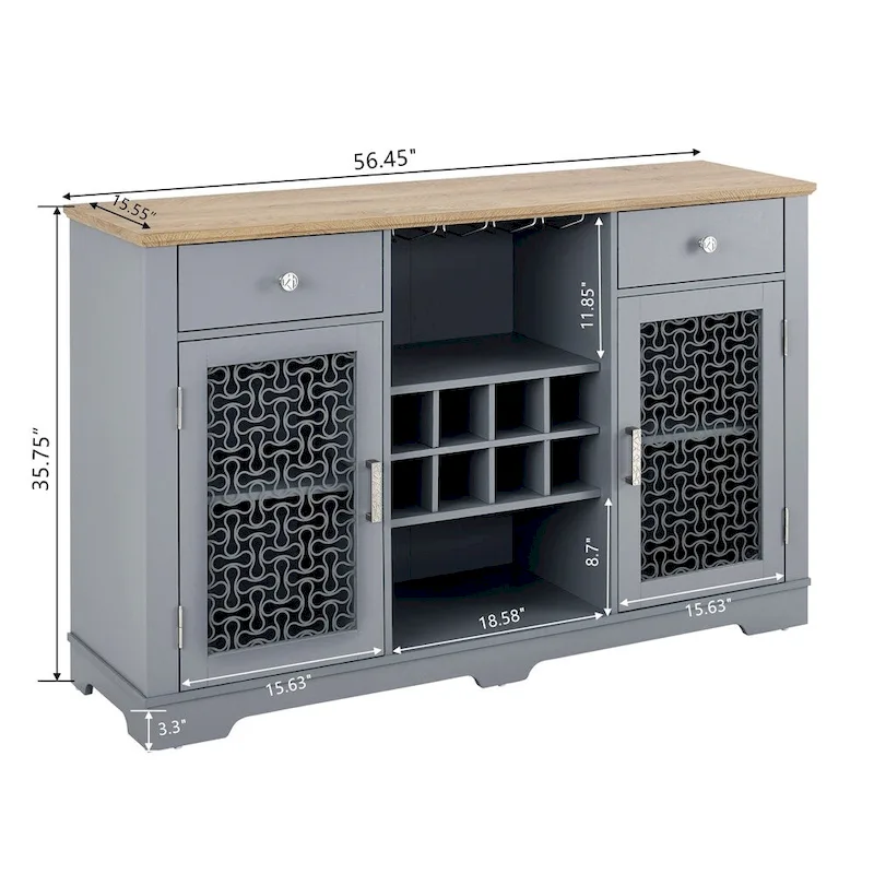 Light Blue 2-Door Buffet Sideboard with Drawers, Glass Racks & Cable Management