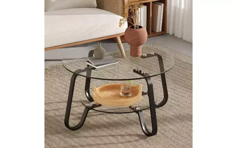 TUYOHW Vintage Glass-Top Coffee Table with Metal Frame, Versatile Center Table for Living Room, Minimalist Double-layer Tea Table