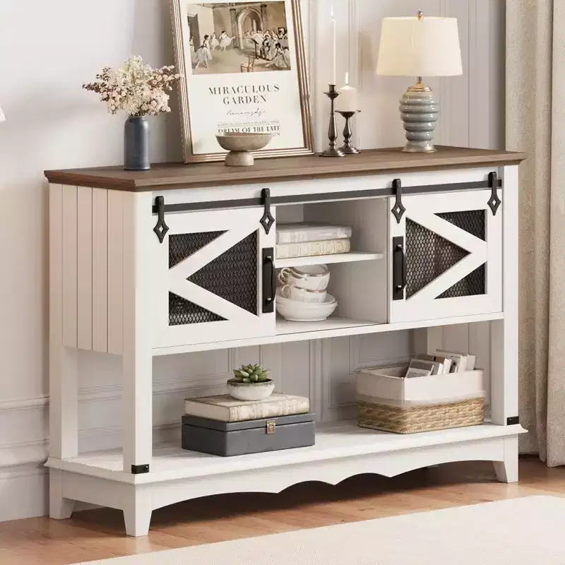 Entryway Table w/Sliding Barn Doors, Farmhouse Console Table w/Storage, Rustic Sofa Table w/Adjustable Shelf for Entryway, Hallway, Living Room