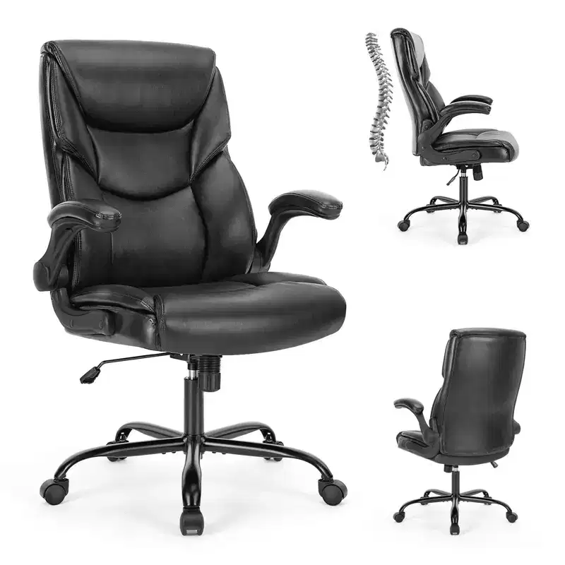 Office Chair with Flip-Up Armrests Ergonomic Lumbar Support PU Leather