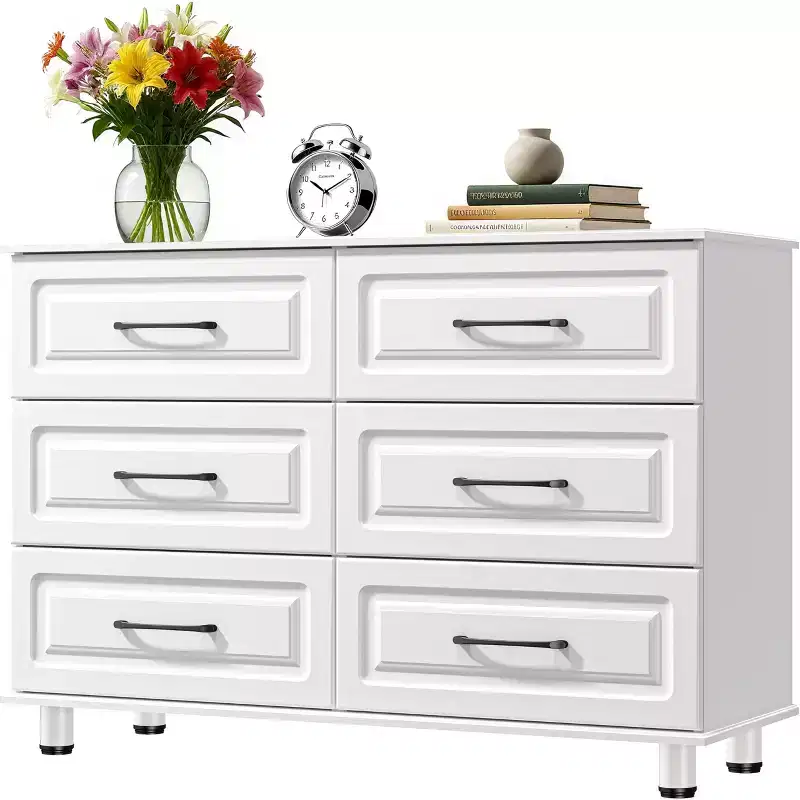 Sandinrayli White Dresser for Bedroom, 6 Drawer Dresser Wide Modern Nightstand Closet Wood Dressers with Steel Handles, White