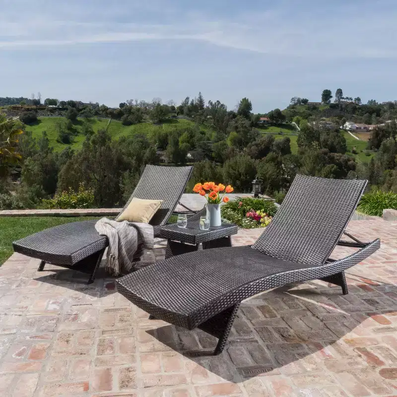 GDFStudio Thelma Outdoor Wicker 3 Piece Chaise Lounge Set, Mixed Mocha