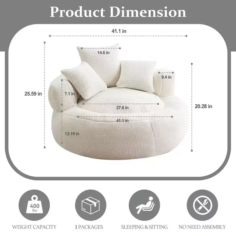 Round Ultra Soft Chenille Foam Bean Bag Chair, Oversized with Armrests & 3 Pillows, for Adults & Teens, White