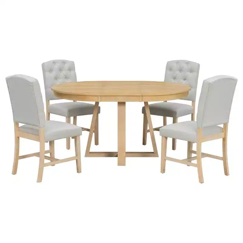 Whisen Retro Style 5-Piece Extendable Dining Set with 4-Botton Tufted Upholstered Chairs